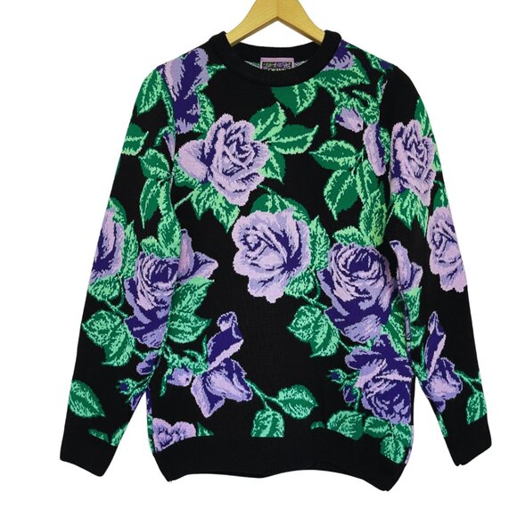 Richard Quinn Floral Jacquard Sweater Womens Size 10 Black Purple Chunky Knit - Picture 1 of 10
